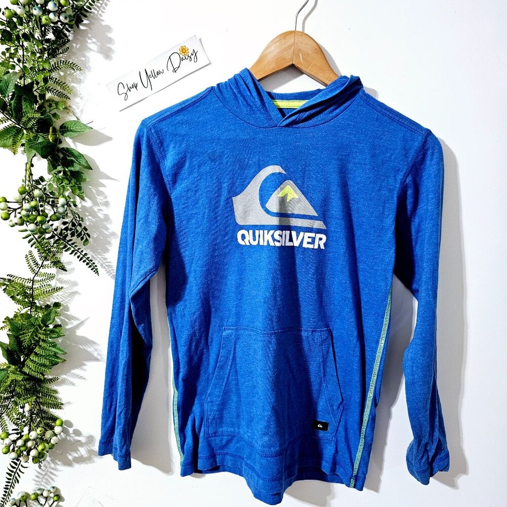 Boys Quiksilver Hooded Long Sleeve T-Shirt Blue Logo Skate Surf Hoodie M 10/12